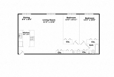 Floor plan for 2 beds, 1 bath, 850 sqft